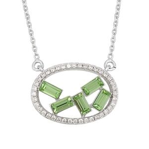 Rhodium Plated Emerald Cut Geometric Crystal Oval Pendant in Peridot